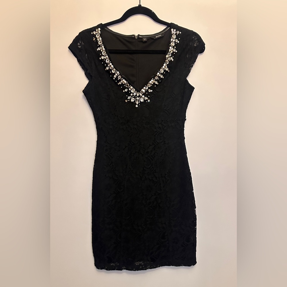 Guess Black Lace Mini Dress with Jeweled V-Neck party evening - size XS